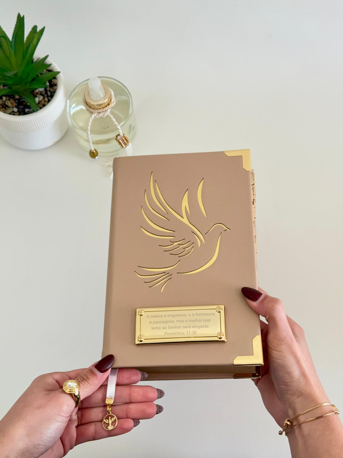 PRONTA ENTREGA - Bíblia Católica Courino Nude Pombinha+ Cartela de índices + Placa grande