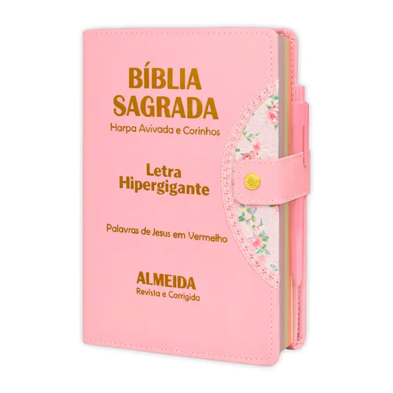 Bíblia Sagrada - Hipergigante Botão Rosa | ARC - João Ferreira de Almeida - Harpa e Índice por Cores