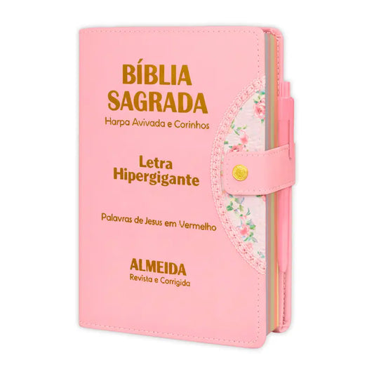 Bíblia Sagrada - Hipergigante Botão Rosa | ARC - João Ferreira de Almeida - Harpa e Índice por Cores