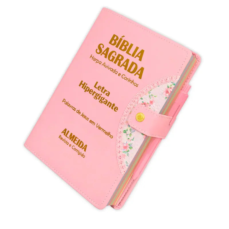 Bíblia Sagrada - Hipergigante Botão Rosa | ARC - João Ferreira de Almeida - Harpa e Índice por Cores