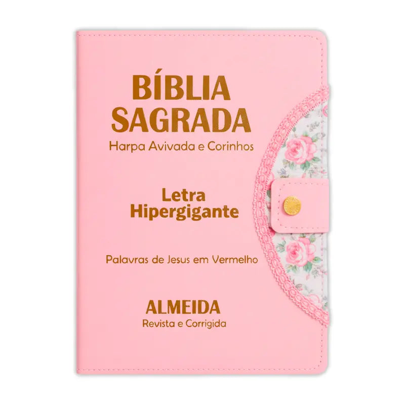 Bíblia Sagrada - Hipergigante Botão Rosa | ARC - João Ferreira de Almeida - Harpa e Índice por Cores