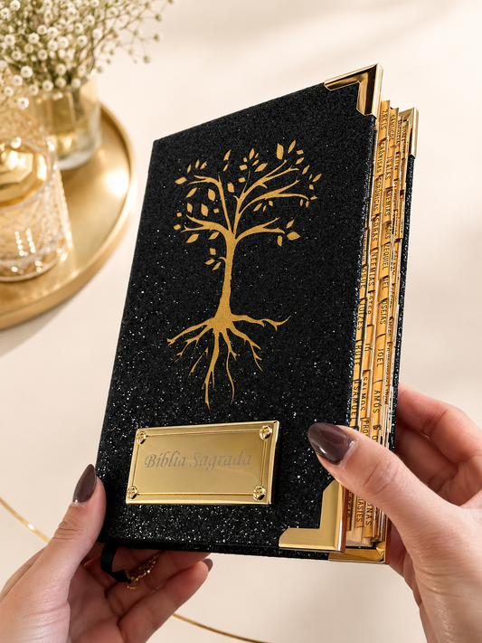 Combo Bíblia Glitter Preto Árvore da Vida + Placa Grande + Cartela de Índices