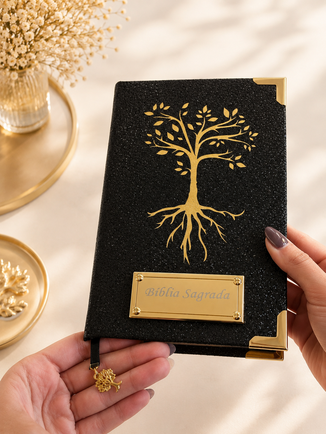 Combo Bíblia Glitter Preto Árvore da Vida + Placa Grande + Cartela de Índices