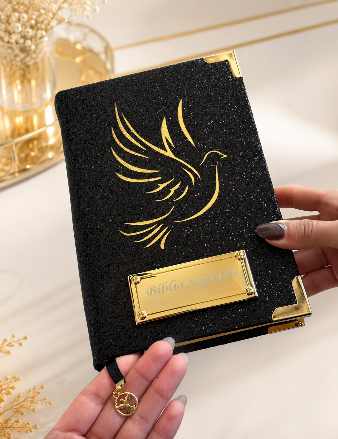 Combo Bíblia Glitter Preto Pombinha + Placa Grande + Cartela de Índices