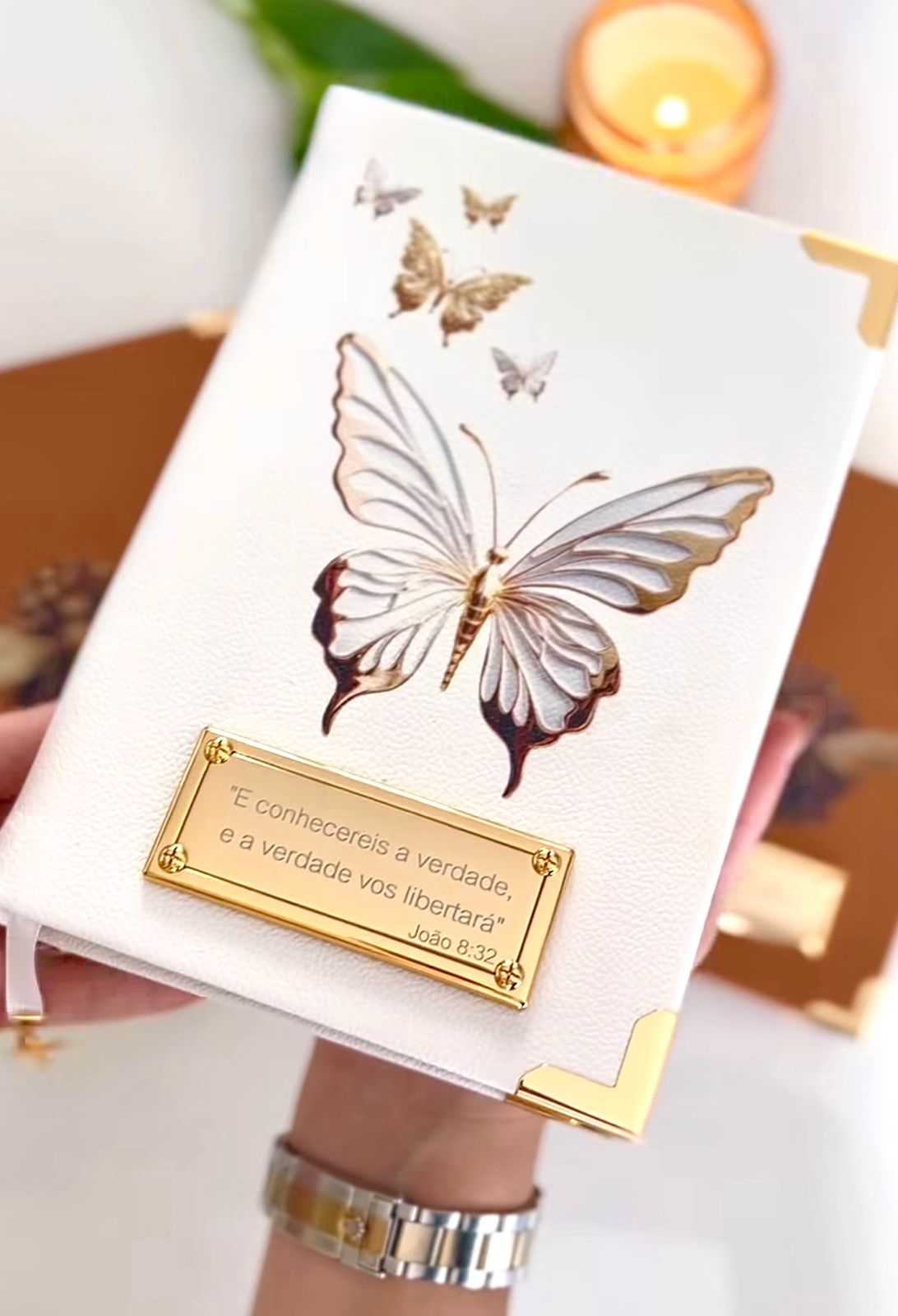 Combo Bíblia Courino Branco Metamorfose + Placa Grande + Cartela de Índices