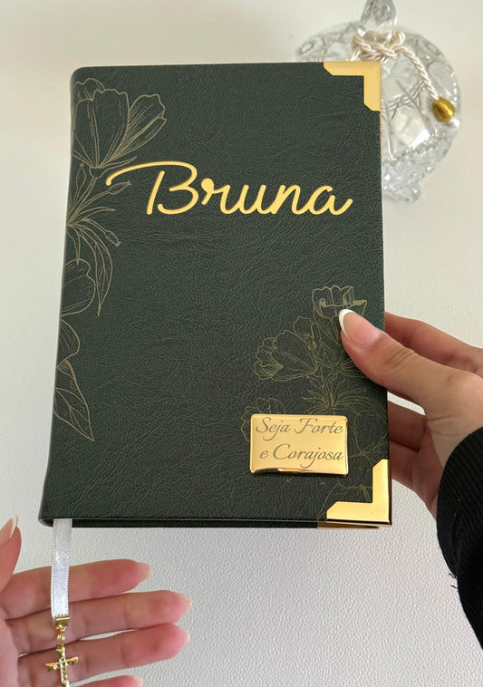 PRONTA ENTREGA - Bíblia Courino Oliva Floral BRUNA + Placa média + Cartela de índices