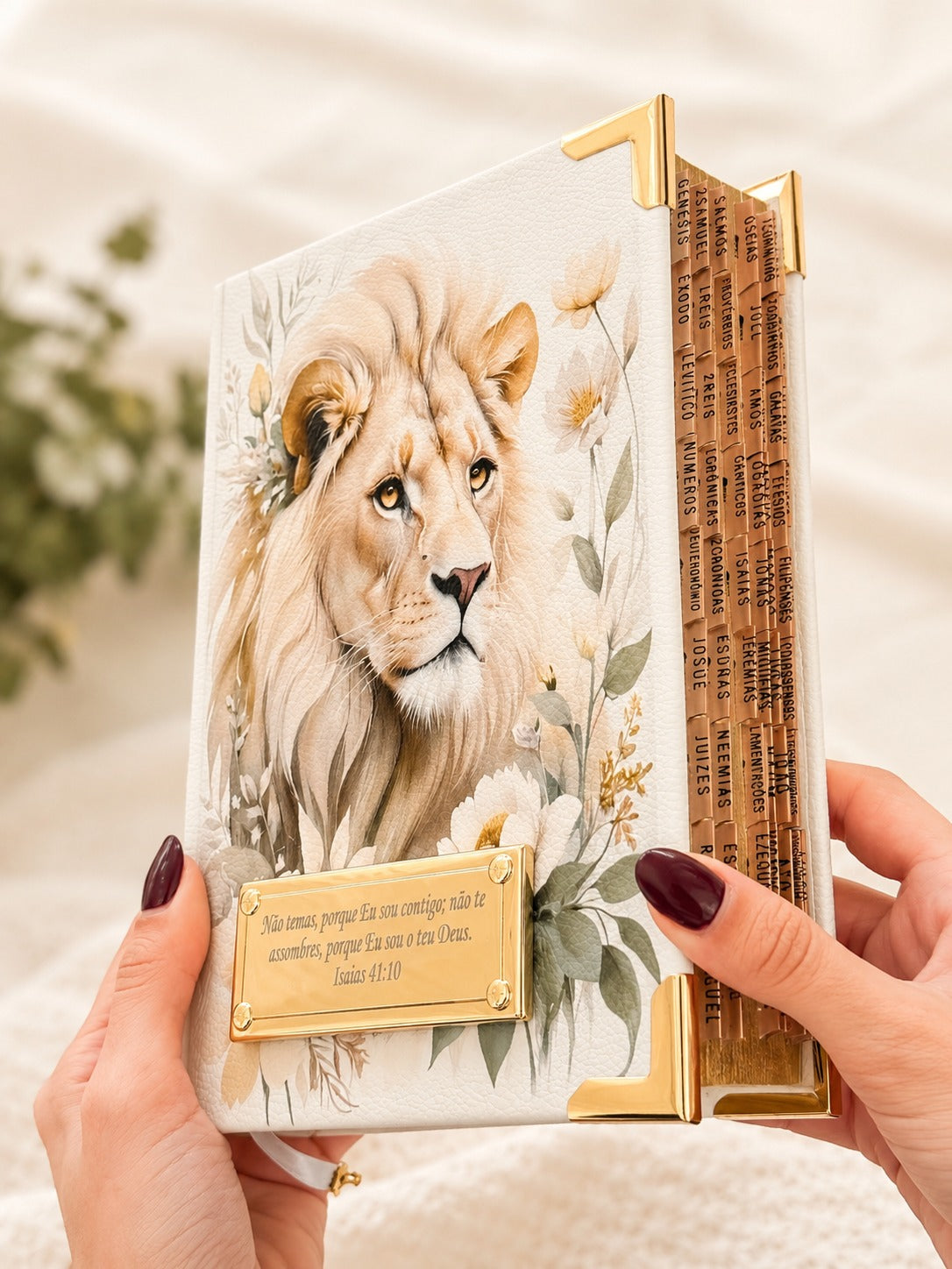 Combo Bíblia Courino Branco Leão Floral + Cartela de Índices + Placa Grande