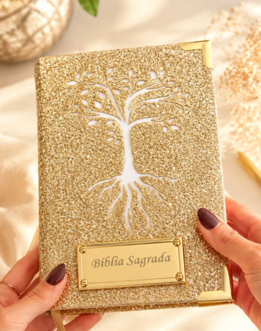 Combo Bíblia Glitter Dourado Árvore da Vida + Placa Grande + Cartela de Índices
