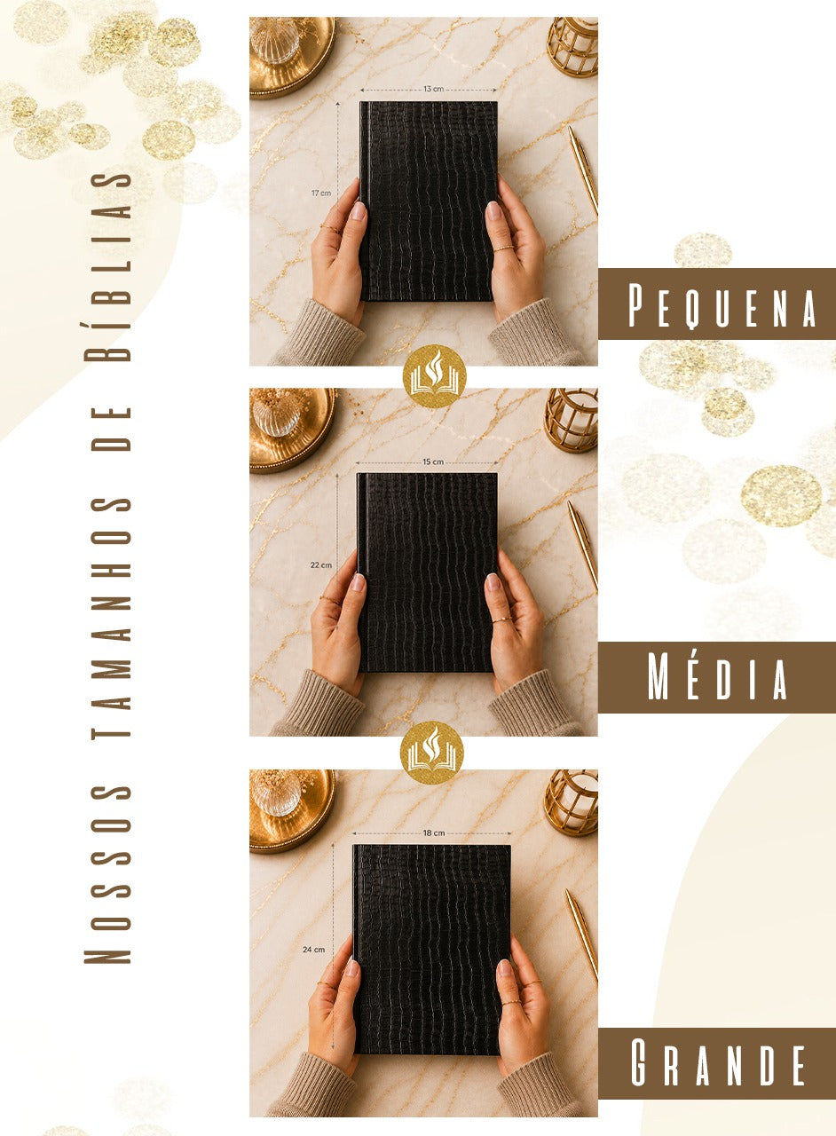Combo Bíblia Couro Croco Preto com Nome + Placa Grande + Cartela de índices
