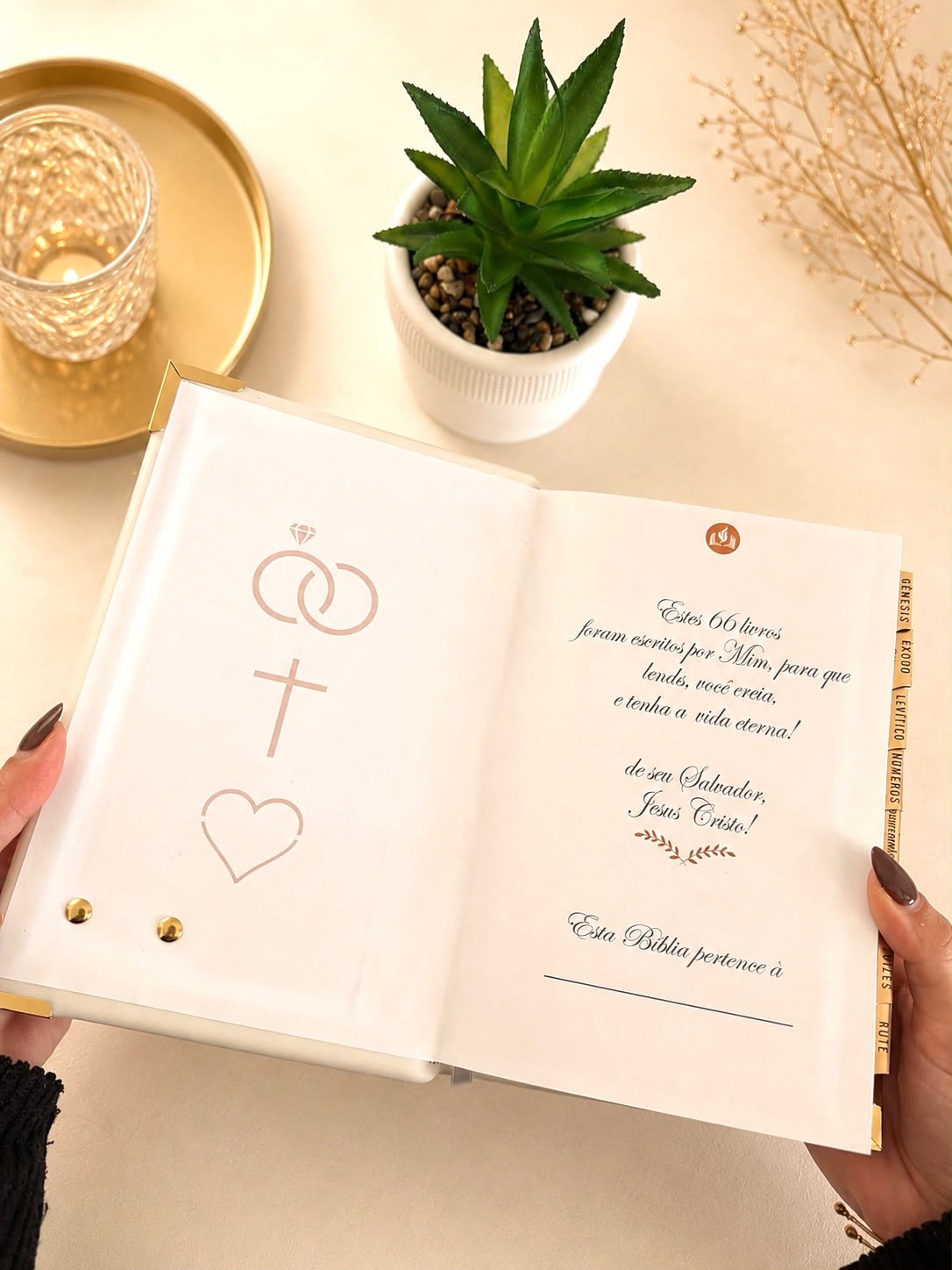 Combo Bíblia Couro Branco Casamento + Placa Média + Cartela de Índices