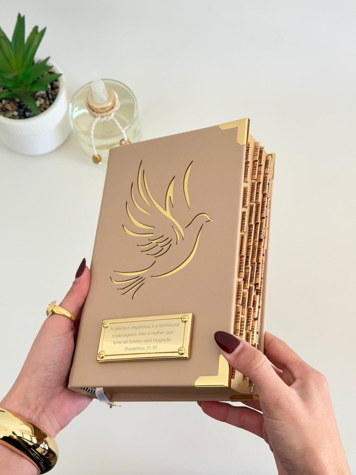 PRONTA ENTREGA - Bíblia Católica Courino Nude Pombinha+ Cartela de índices + Placa grande