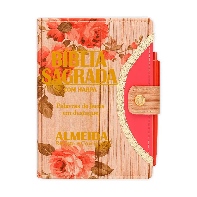 Bíblia Sagrada Feminina - Botão Romantic | ARC - João Ferreira de Almeida com Harpa e Índice por Cores